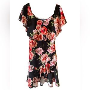 NWOT, Black floral Asymmetrical Dress, off shoulders, Sz L